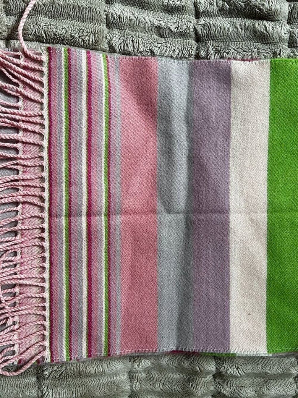 100% Cashmere Scarf, Made in Scotland, Pink Cream Purple Green Multi-Stripe, Fri